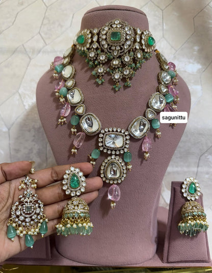 Premium Quality Moissanite Kundan Choker Set with Earrings & Maangtikka | Bridal Jewellery Set