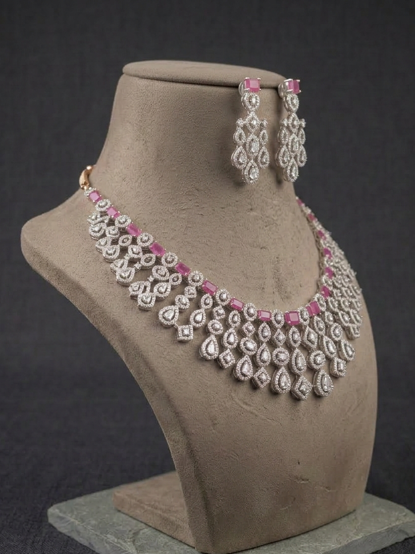 Luxury Pink Stone Diamond Necklace Set, Bridal Statement Jewelry Set, CZ Wedding Necklace with Earrings, Indian Bridal Jewelry, Party Wear Set