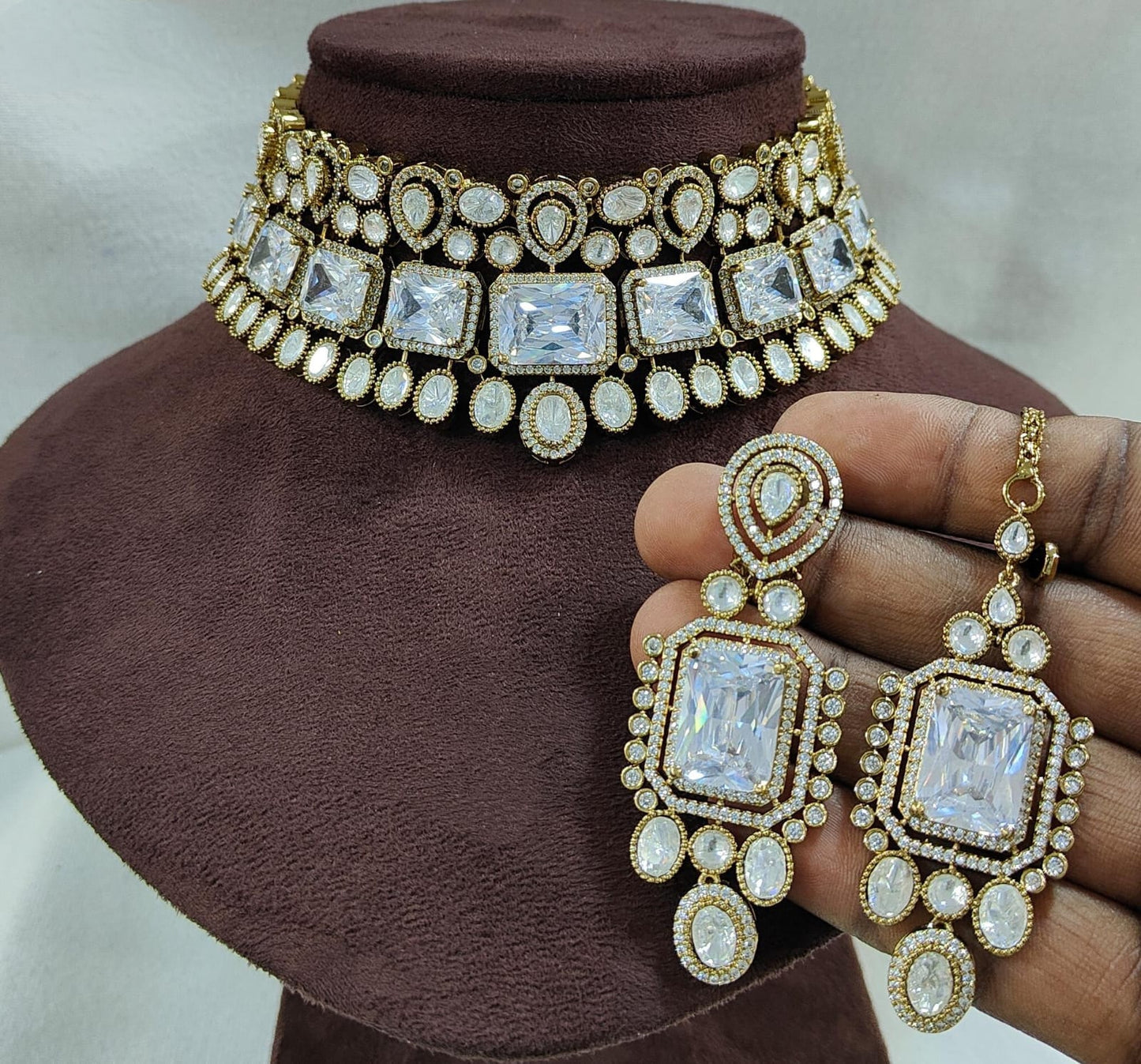 Sparkle Grace American Diamond Choker Set with Earrings & Maangtikka – Bridal & Party Wear Jewellery