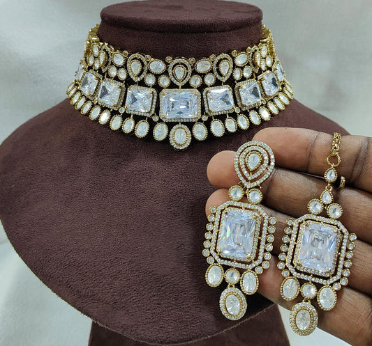 Sparkle Grace American Diamond Choker Set with Earrings & Maangtikka – Bridal & Party Wear Jewellery