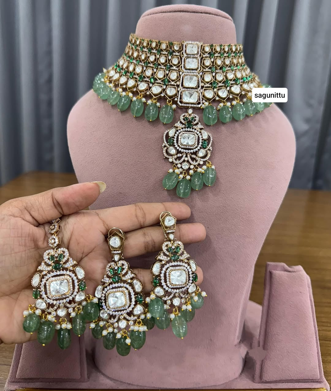 Premium Quality Moissanite Kundan Choker Set with Earrings & Maangtikka | Bridal Jewellery Set