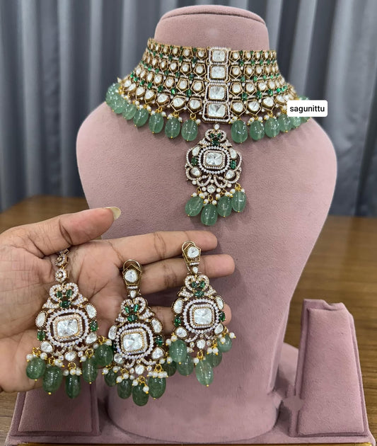 Premium Quality Moissanite Kundan Choker Set with Earrings & Maangtikka | Bridal Jewellery Set