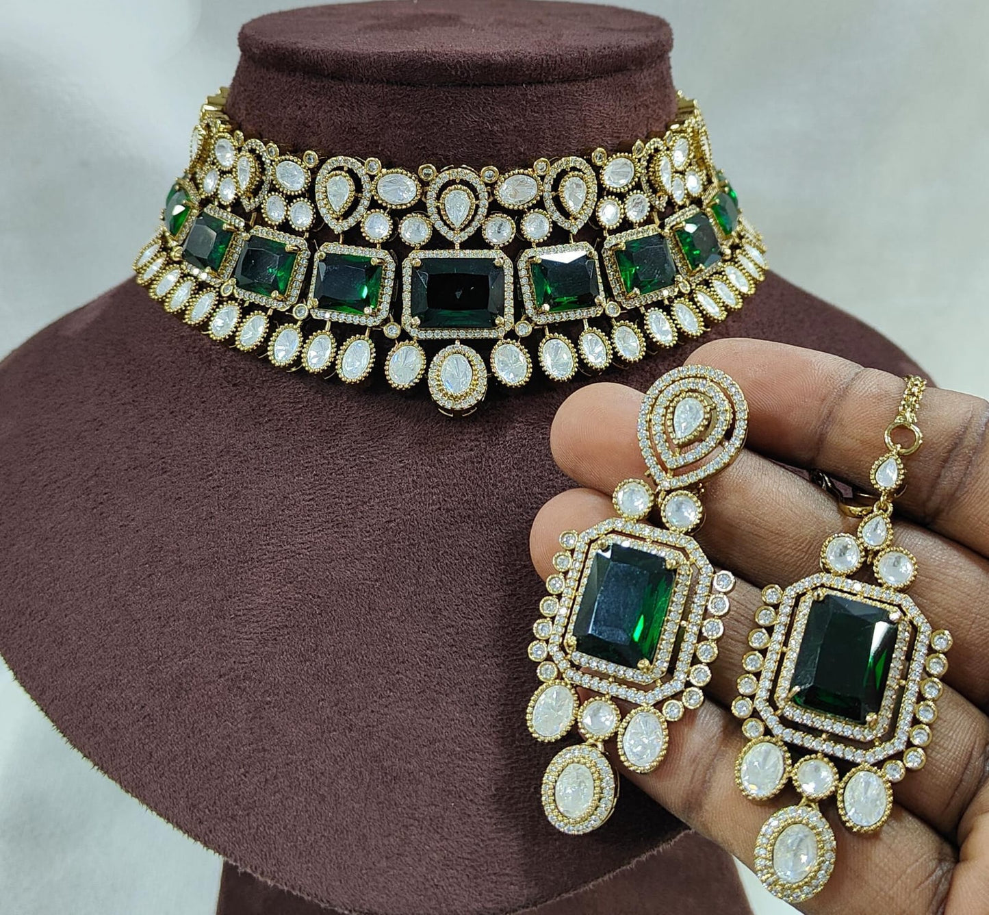 Sparkle Grace American Diamond Choker Set with Earrings & Maangtikka – Bridal & Party Wear Jewellery