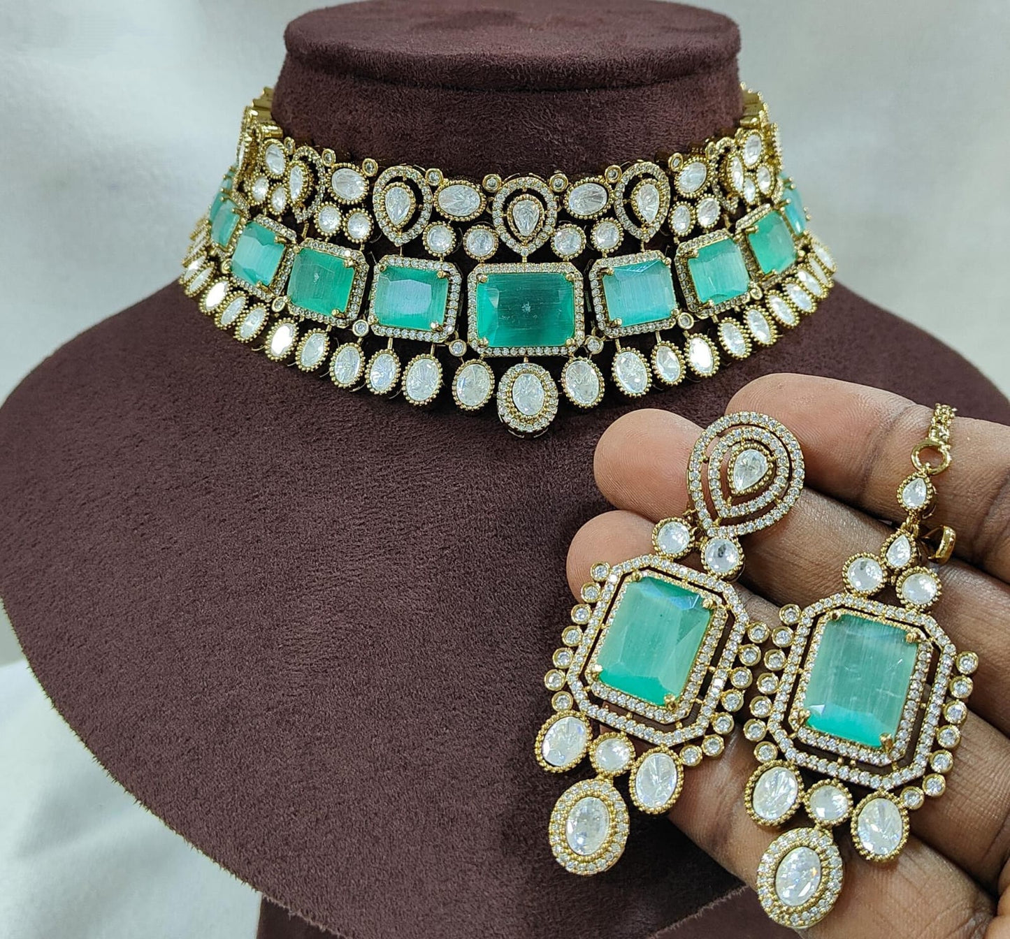 Sparkle Grace American Diamond Choker Set with Earrings & Maangtikka – Bridal & Party Wear Jewellery
