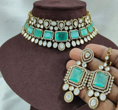 Sparkle Grace American Diamond Choker Set with Earrings & Maangtikka – Bridal & Party Wear Jewellery