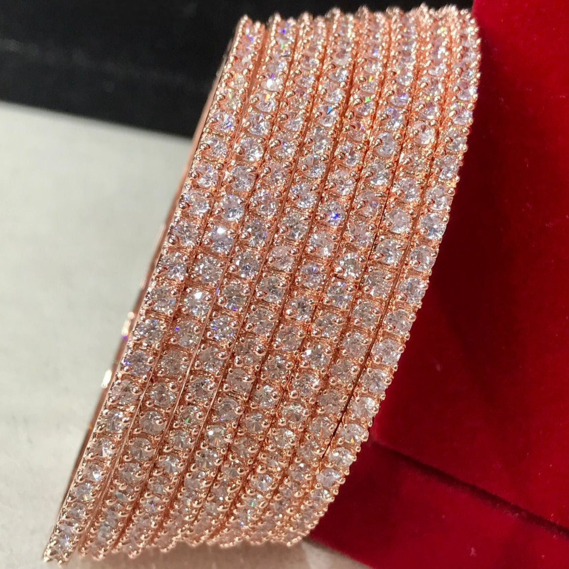 Exquisite Set of 8 American Diamond Bangles in Rose Gold Polished Perfection