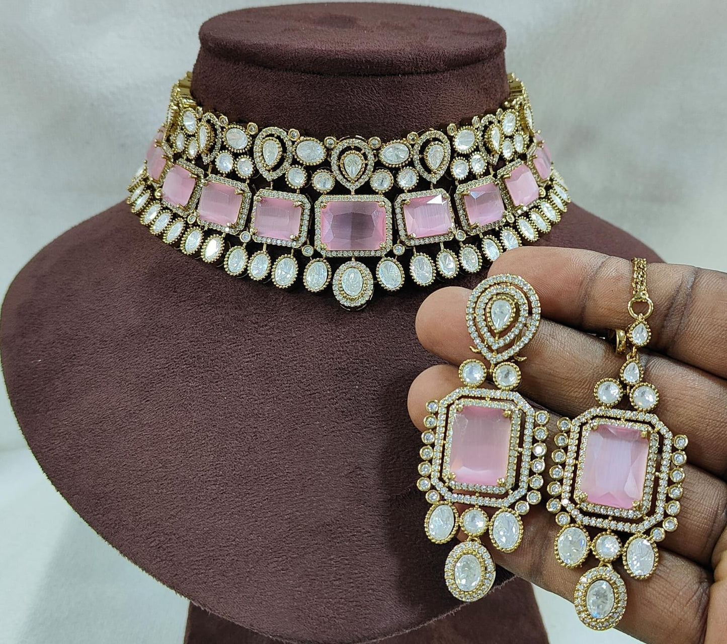 Sparkle Grace American Diamond Choker Set with Earrings & Maangtikka – Bridal & Party Wear Jewellery