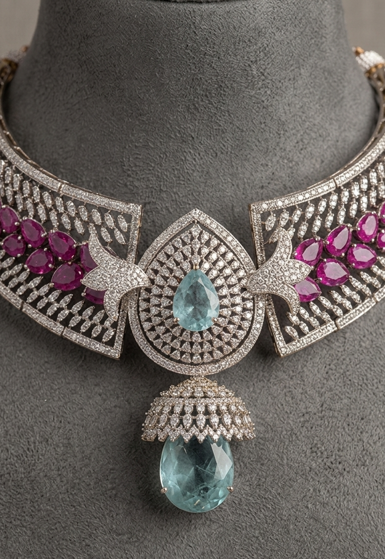 Aqua Blue CZ Choker Necklace Set, Pink Stone Bridal Jewelry, Luxury Statement Choker with Earrings, Wedding Jewelry Gift for Her