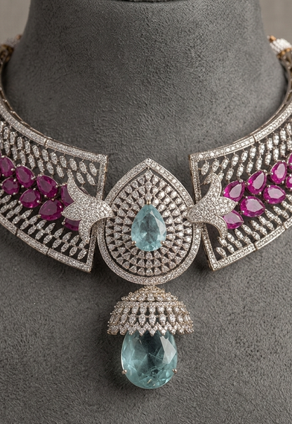 Aqua Blue CZ Choker Necklace Set, Pink Stone Bridal Jewelry, Luxury Statement Choker with Earrings, Wedding Jewelry Gift for Her