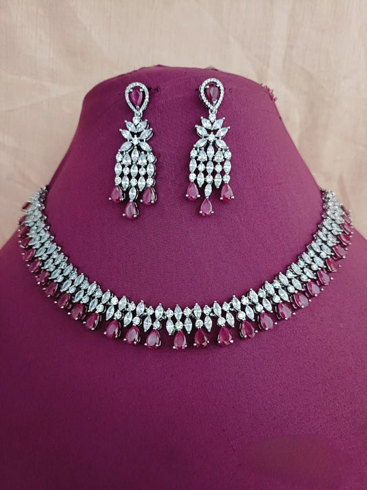 Premium Ruby Red American Diamond Necklace Set with Earrings, occassion necklace, beautiful neckpiece