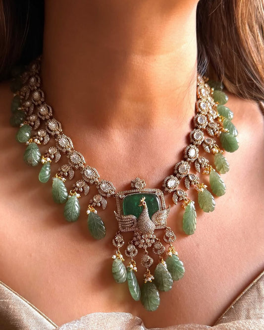 Premium Quality peacock pattern Moissanite Kundan Choker Set with Earrings | Bridal Jewellery Set