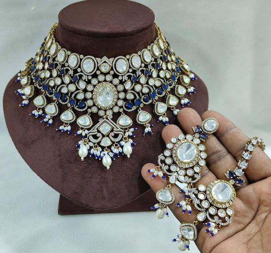 Luxury Moissanite Kundan & AD Choker Set with Earrings & Maangtikka | Premium Bridal & Party Wear Jewellery