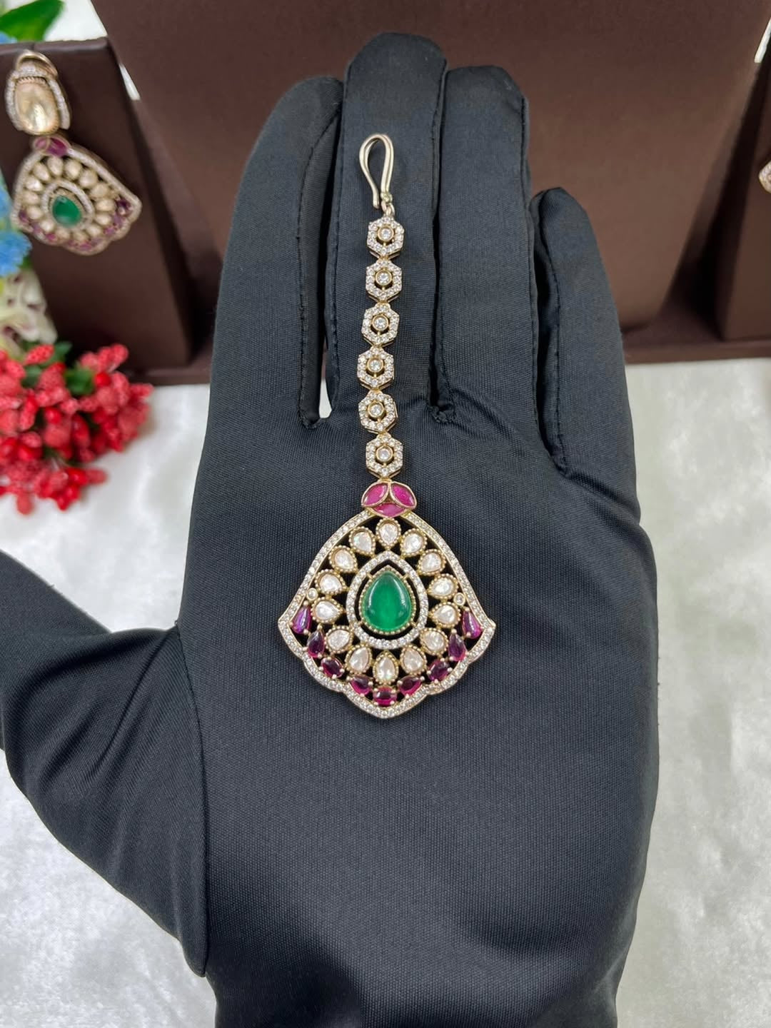 Royal Kundan Choker Set with Ruby & Emerald Accents , Indian Wedding Necklace, Earrings, Maangtikka