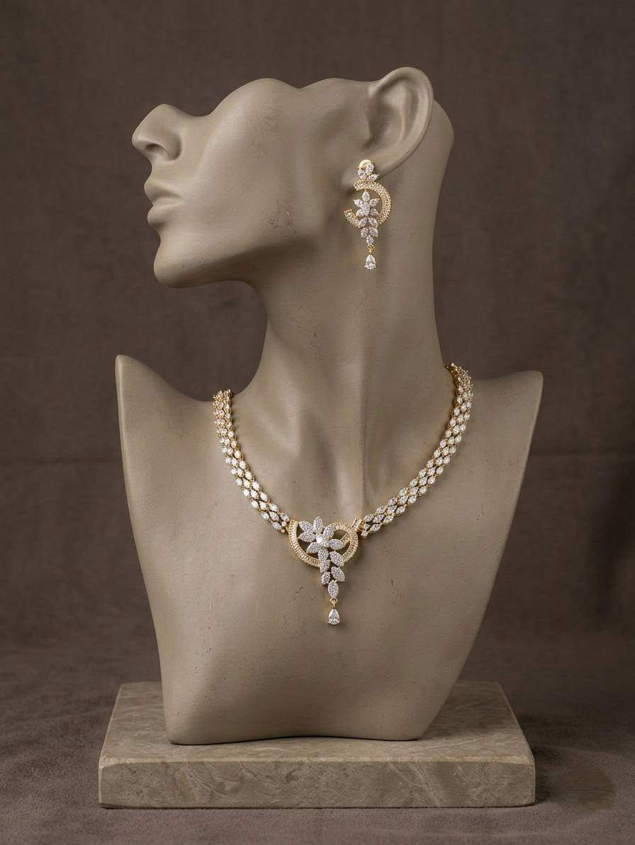 Luxury Gold Plated Diamond Necklace Set | Bridal Statement Jewelry with Earrings | Elegant Wedding Necklace | Party Wear Crystal Jewelry Gift for Her