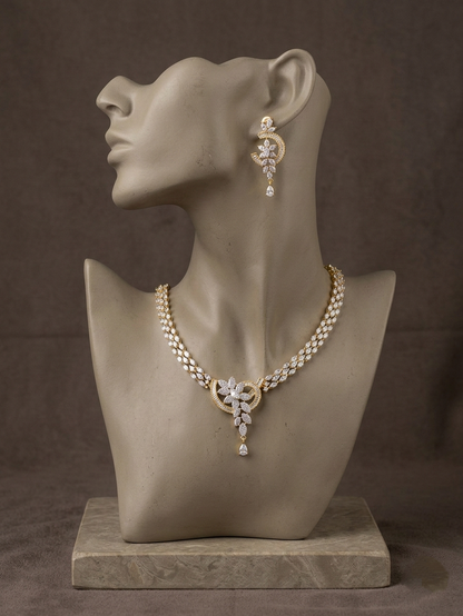 Luxury Gold Plated Diamond Necklace Set | Bridal Statement Jewelry with Earrings | Elegant Wedding Necklace | Party Wear Crystal Jewelry Gift for Her