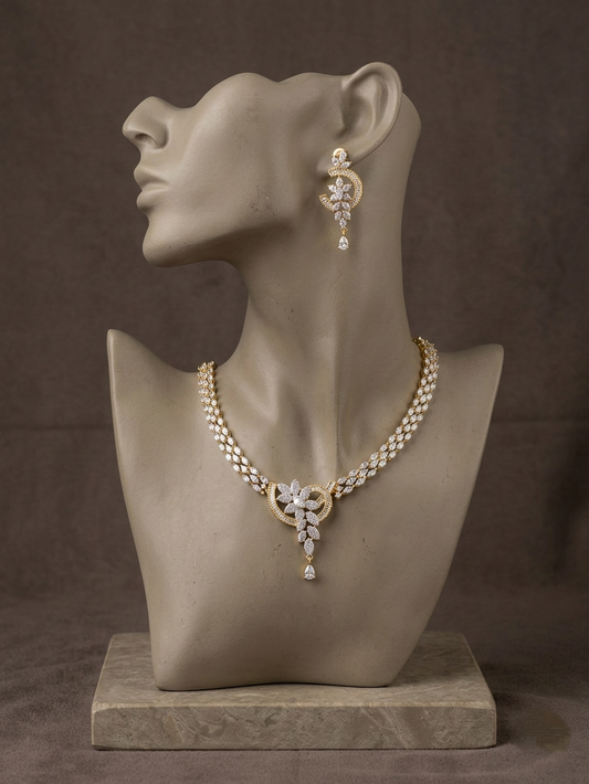 Luxury Gold Plated Diamond Necklace Set | Bridal Statement Jewelry with Earrings | Elegant Wedding Necklace | Party Wear Crystal Jewelry Gift for Her