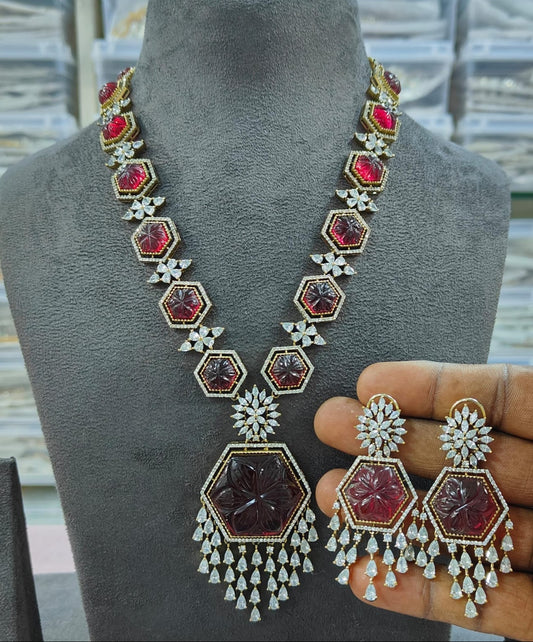 Royal Elegance CZ Long Necklace Set with Matching Earrings – Premium Bridal & Party Wear Jewelry
