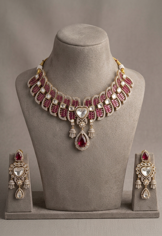 Pink Kundan Bridal Necklace Set, Heart Pendant Wedding Jewelry, Indian Bridal Choker Set with Earrings, Statement Bridesmaid Gift, Luxury Jewelry for Women