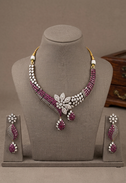Pink CZ Bridal Necklace Set, Floral Statement Wedding Jewelry, Luxury Kundan Style Necklace with Earrings, Bridesmaid Gift, Elegant Jewelry for Women