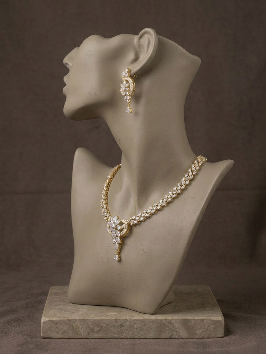 Luxury Gold Plated Diamond Necklace Set | Bridal Statement Jewelry with Earrings | Elegant Wedding Necklace | Party Wear Crystal Jewelry Gift for Her