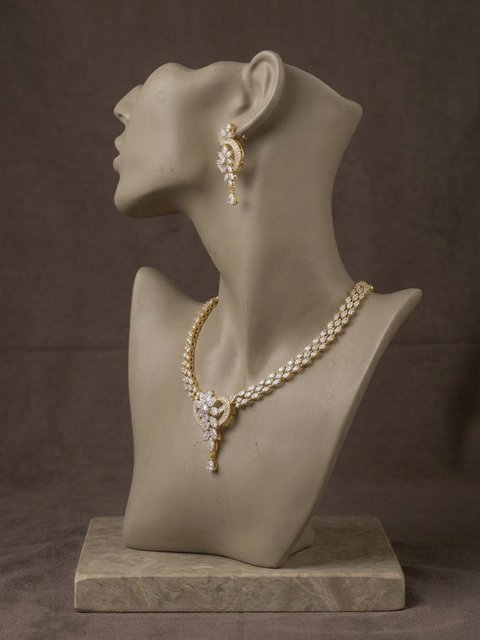 Luxury Gold Plated Diamond Necklace Set | Bridal Statement Jewelry with Earrings | Elegant Wedding Necklace | Party Wear Crystal Jewelry Gift for Her