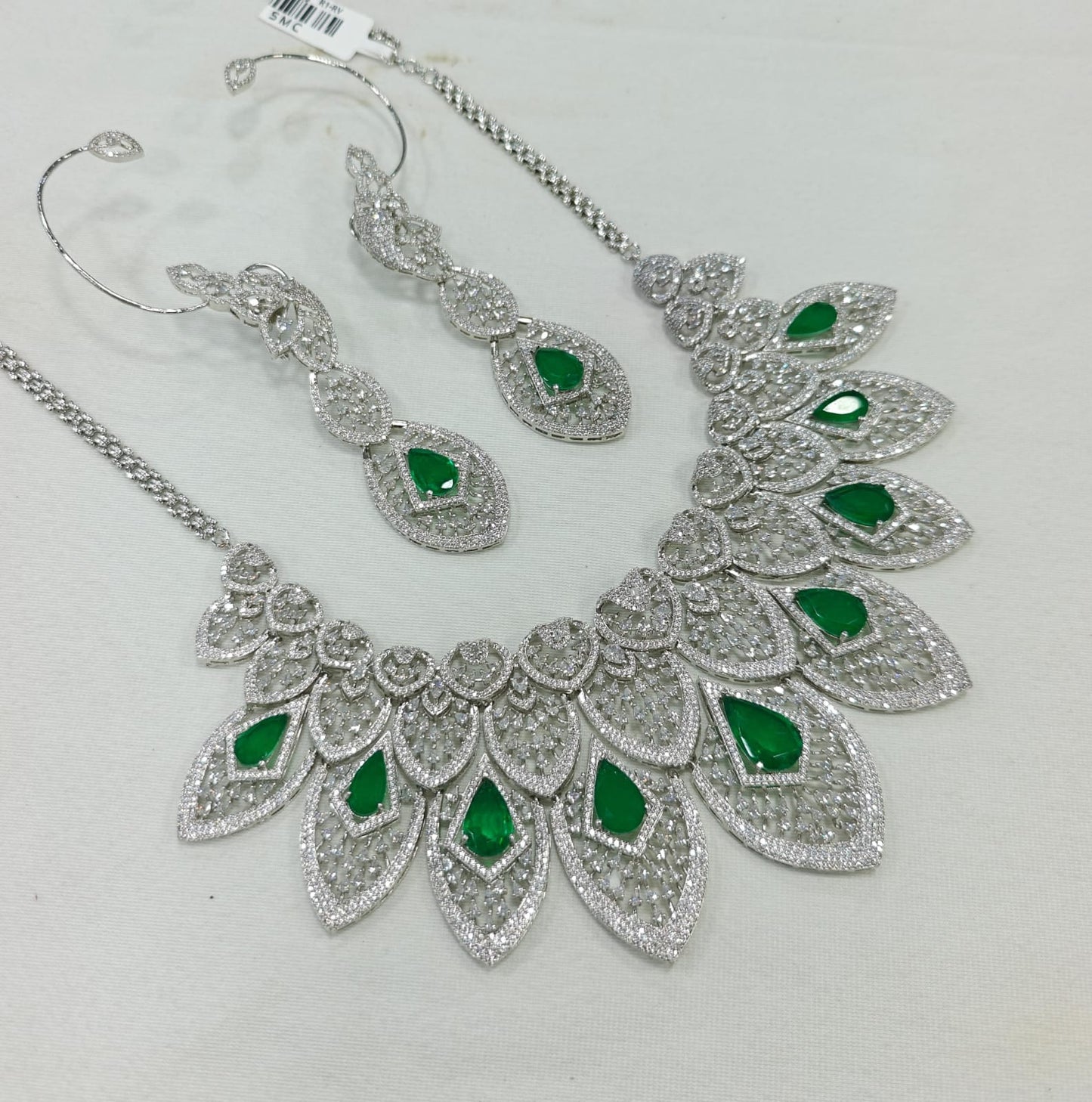 Emerald American Diamond Necklace & Earrings Set: Bridal Jewelry
