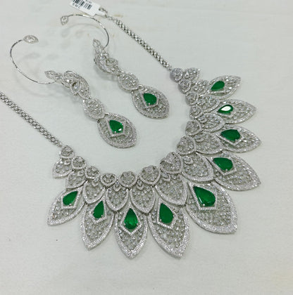Emerald American Diamond Necklace & Earrings Set: Bridal Jewelry