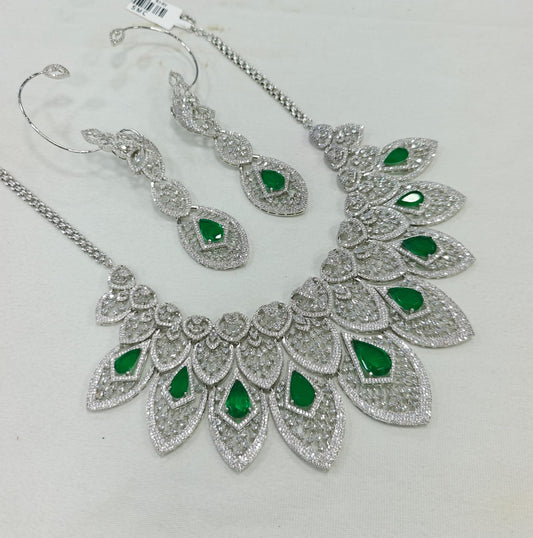 Emerald American Diamond Necklace & Earrings Set: Bridal Jewelry