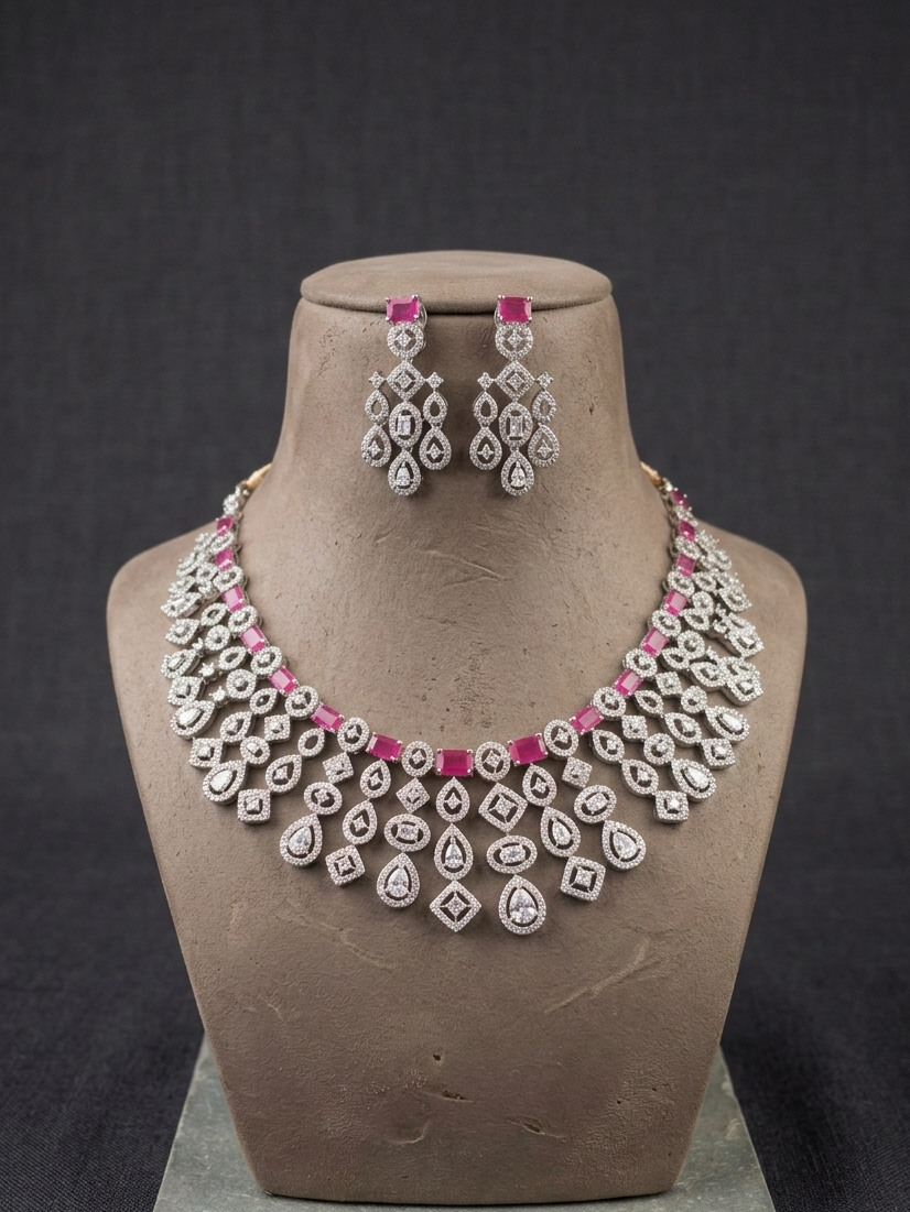 Luxury Pink Stone Diamond Necklace Set, Bridal Statement Jewelry Set, CZ Wedding Necklace with Earrings, Indian Bridal Jewelry, Party Wear Set