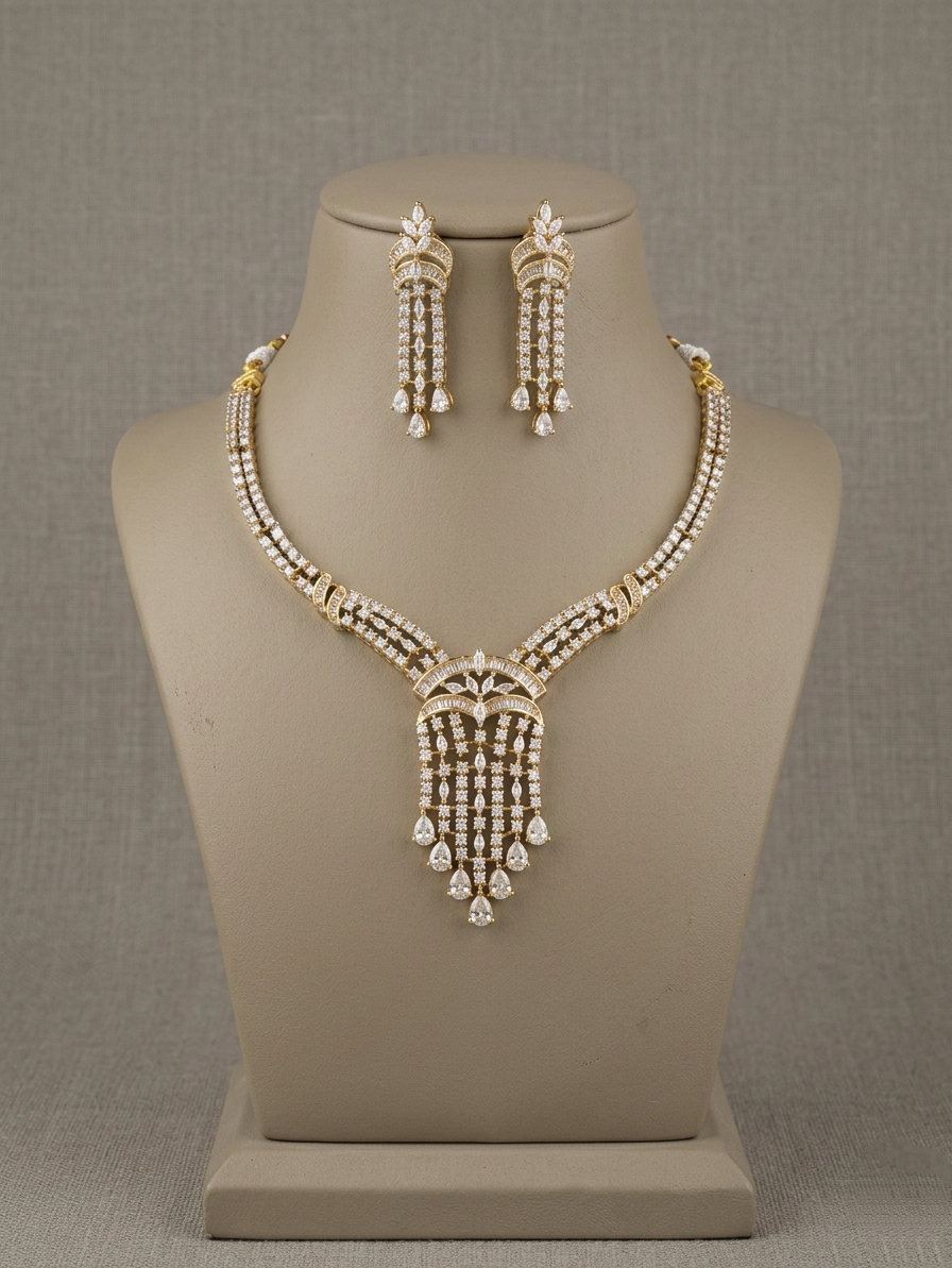 American Diamond Necklace Set, CZ Bridal Jewelry Set, Elegant Wedding Necklace with Dangle Earrings, Silver Tone Statement Party Jewelry Gift for Her