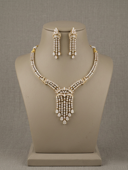American Diamond Necklace Set, CZ Bridal Jewelry Set, Elegant Wedding Necklace with Dangle Earrings, Silver Tone Statement Party Jewelry Gift for Her