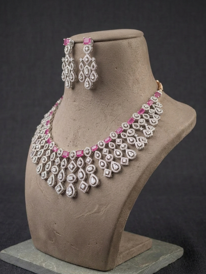 Luxury Pink Stone Diamond Necklace Set, Bridal Statement Jewelry Set, CZ Wedding Necklace with Earrings, Indian Bridal Jewelry, Party Wear Set