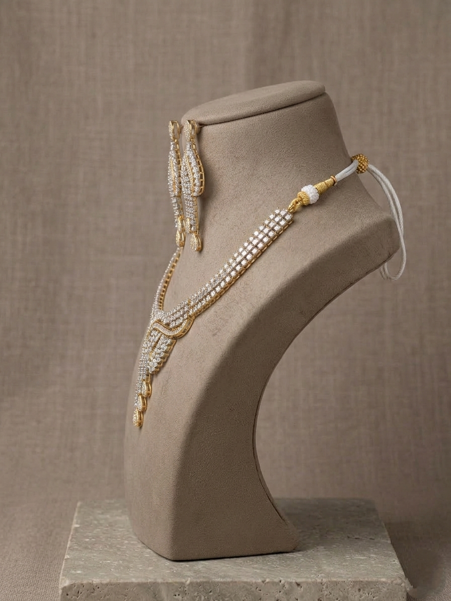 Luxury American Diamond Necklace Set, Gold Plated Bridal Jewelry Set, CZ Wedding Necklace with Long Earrings, Statement Party Jewelry Gift for Her