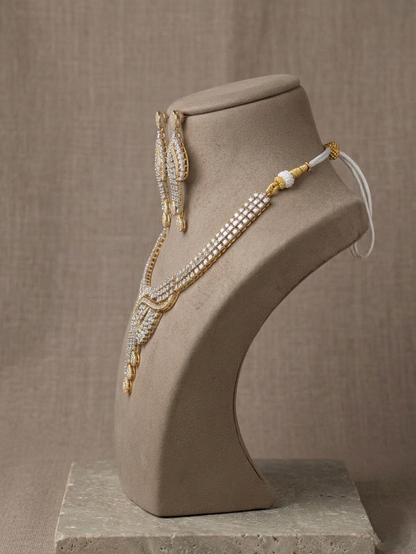 Luxury American Diamond Necklace Set, Gold Plated Bridal Jewelry Set, CZ Wedding Necklace with Long Earrings, Statement Party Jewelry Gift for Her