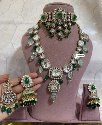 Premium Quality Moissanite Kundan Choker Set with Earrings & Maangtikka | Bridal Jewellery Set