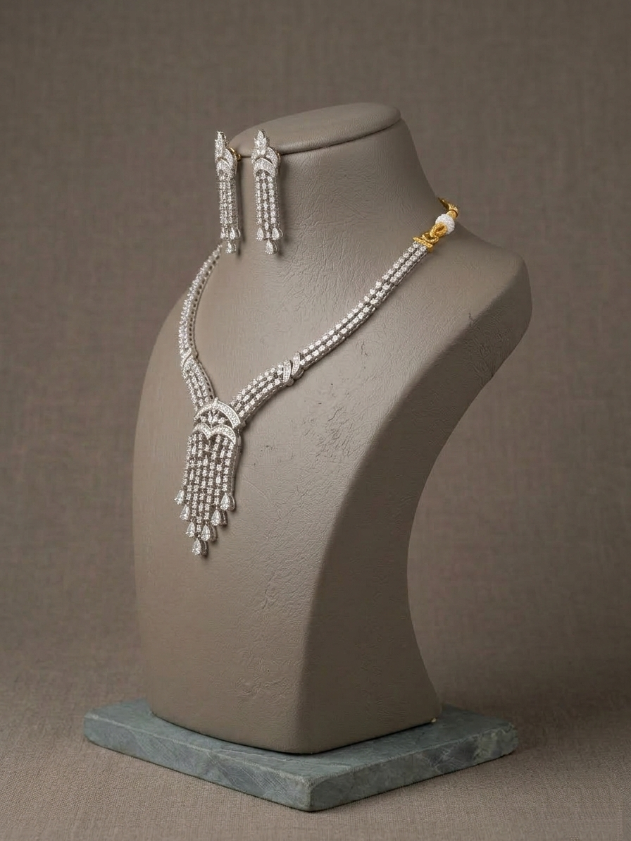 American Diamond Necklace Set, CZ Bridal Jewelry Set, Elegant Wedding Necklace with Dangle Earrings, Silver Tone Statement Party Jewelry Gift for Her