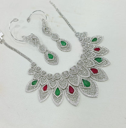 Emerald American Diamond Necklace & Earrings Set: Bridal Jewelry