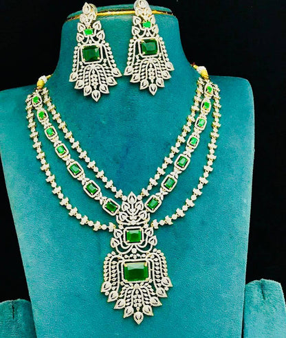 Premium Replica AD CZ 3-Layer Long Necklace Set with Matching Earrings