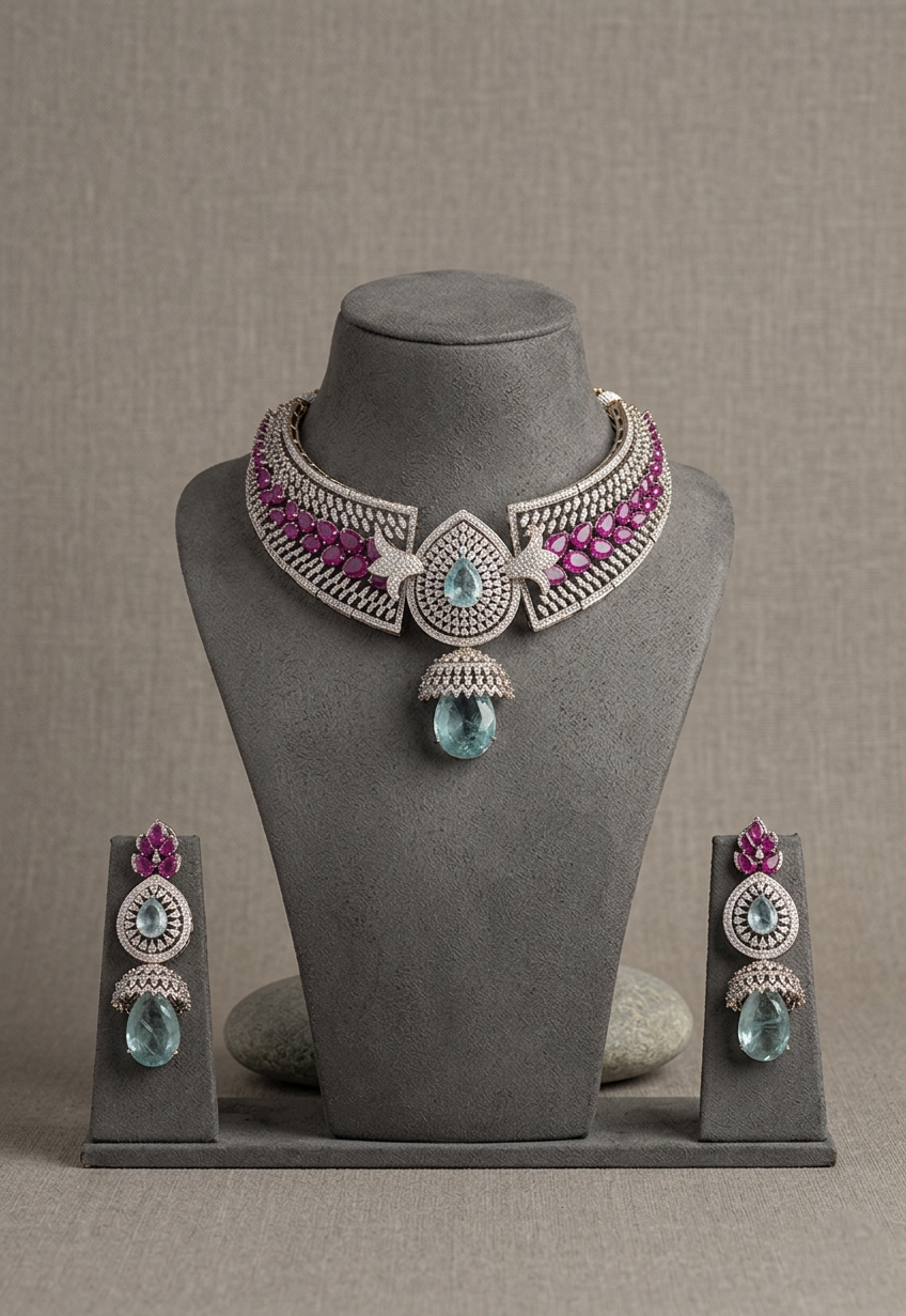Aqua Blue CZ Choker Necklace Set, Pink Stone Bridal Jewelry, Luxury Statement Choker with Earrings, Wedding Jewelry Gift for Her