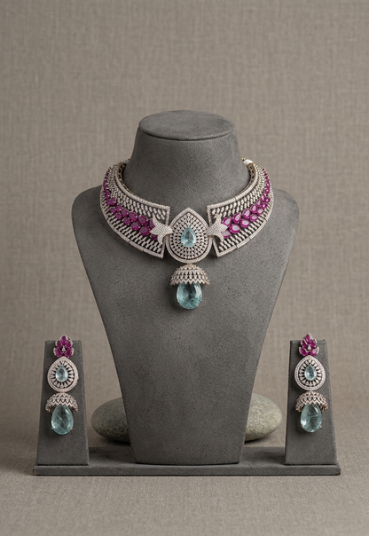 Aqua Blue CZ Choker Necklace Set, Pink Stone Bridal Jewelry, Luxury Statement Choker with Earrings, Wedding Jewelry Gift for Her