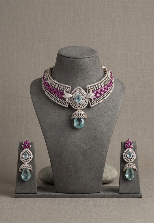 Aqua Blue CZ Choker Necklace Set, Pink Stone Bridal Jewelry, Luxury Statement Choker with Earrings, Wedding Jewelry Gift for Her