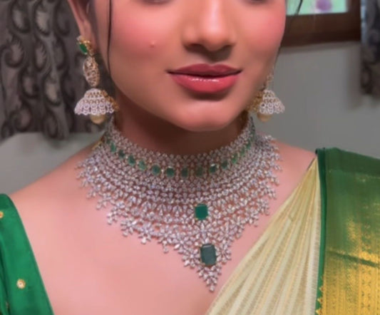 American diamond full-bridal choker set with Jhumka earrings jewellery, indian jewellery, wedding jewellery