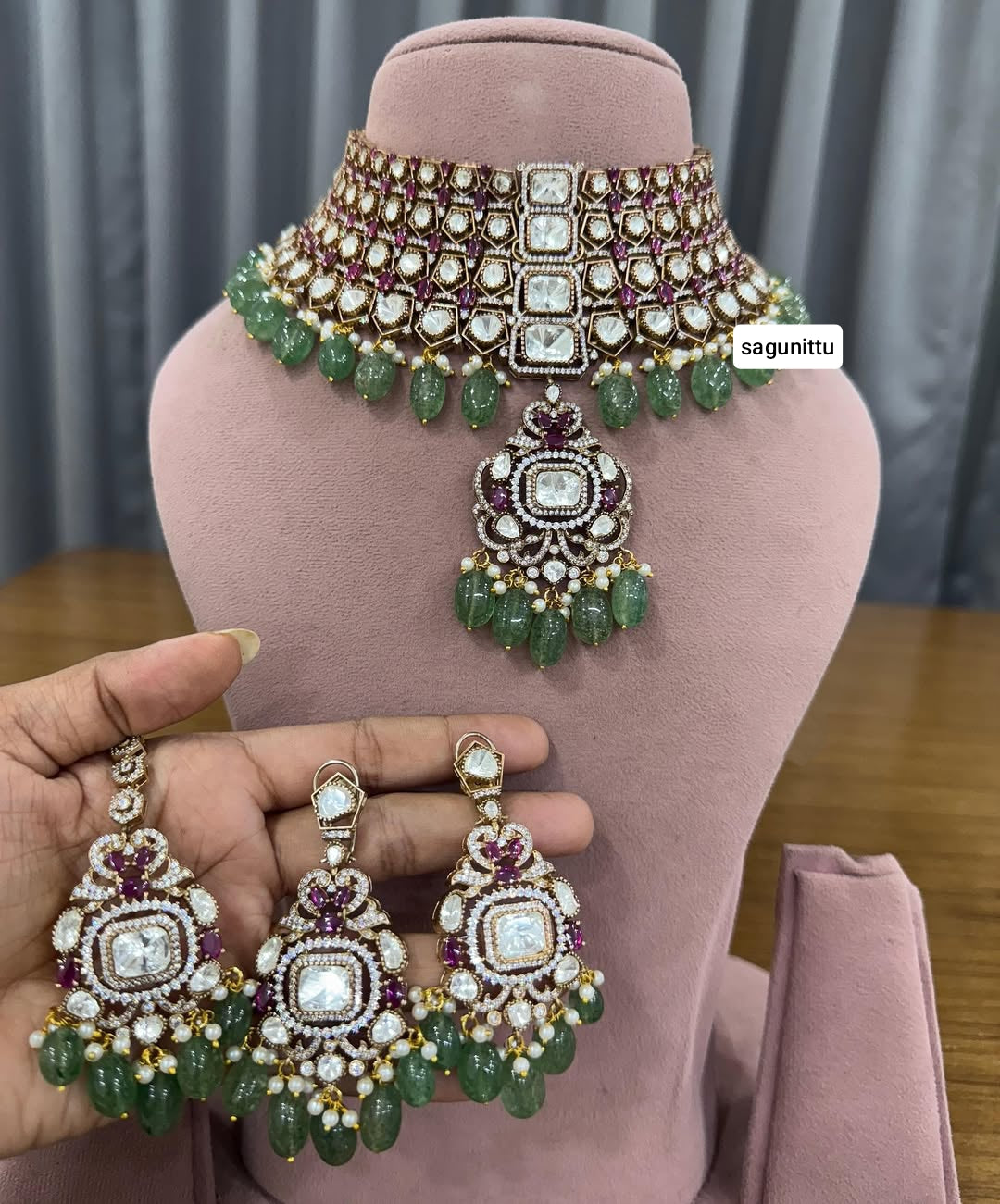 Premium Quality Moissanite Kundan Choker Set with Earrings & Maangtikka | Bridal Jewellery Set