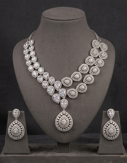 Luxury Bridal CZ Necklace Set with Earrings, Statement Wedding Jewelry, Cubic Zirconia Pendant Necklace, Bridal Gift for Women