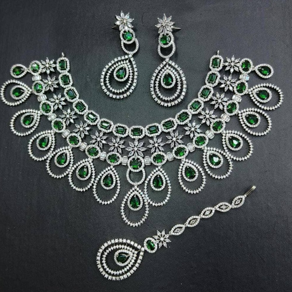 Timeless Elegance: Beautiful American Diamond Necklace, Earring, and Maangtikka Set