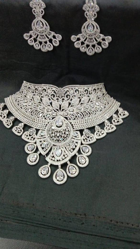 Dazzling Dreams: American Diamond Bridal Necklace Set with Earrings, Maangtikka, and AD Jewelry